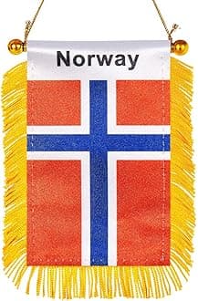 WXTWK 3 X 5 Inch Norway Flag Norwegian Window Hanging Flag Small Mini Car Flags Banners Rearview Mirror Decoration With Suction Cup Golden Fringy Banner