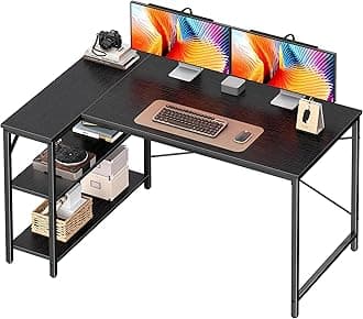 Huuger L Shaped Desk, 47 Inches Computer Desk with Reversible Storage Shelves, Gaming Corner Home Office Writing Study with Metal Frame, Black