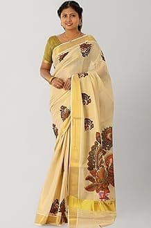 Women's Mural Printed Kerala Gold Tissue Saree with Running Blouse Piece | Traditional South Indian Ethnic Saree for Festivals, Weddings & Special Occasions