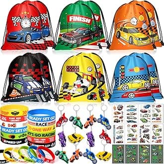 Winrayk 12 Sets Race Car Party Favors Birthday Supplies Racing Drawstring Bags Luminous Tattoo Stickers Boys Kids Racing Gifts Toys Goodie Bag Stuffers Filler Race Car Themed Birthday Party Supplies