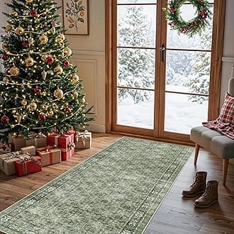 Washable 2x6 Runner Rug for Kitchen: Easy-Clean Carpet with Non-Slip Backing for Bedroom Entryway Stain-Resistant Shedding-Free Floor Mat – Perfect for High-Traffic Areas with Pets (Green,2x6)