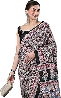AKHILAM Women's Ajrak Block Print Dola Silk Saree With Unstitched Blouse Piece