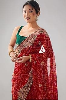 SIRIL Women's Georgette Bandhani Printed and Embroidery Saree with Unstitched Blouse Piece