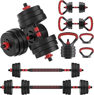 Signature Fitness 60LB 4-in-1 or 2-in-1 Portable Adjustable Dumbbell Set and Kettlebell Set with Changeable Weights
