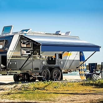 YESCAMP Manual RV Awning Complete Kit Retractable Camper Awning for RV or Trailers RV Roll Out Awning for Camper or 5th Wheel,Travel Trailers,Toy Haulers,Motohome(18Ft,Black Frame,Blue Stripe)