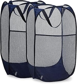 Mesh Popup Laundry Hamper - Portable, Durable Handles, Collapsible for Storage and Easy to Open. Folding Pop-Up Clothes Hampers are Great for The Kids Room, College Dorm or Travel. (Blue | Set of 2)