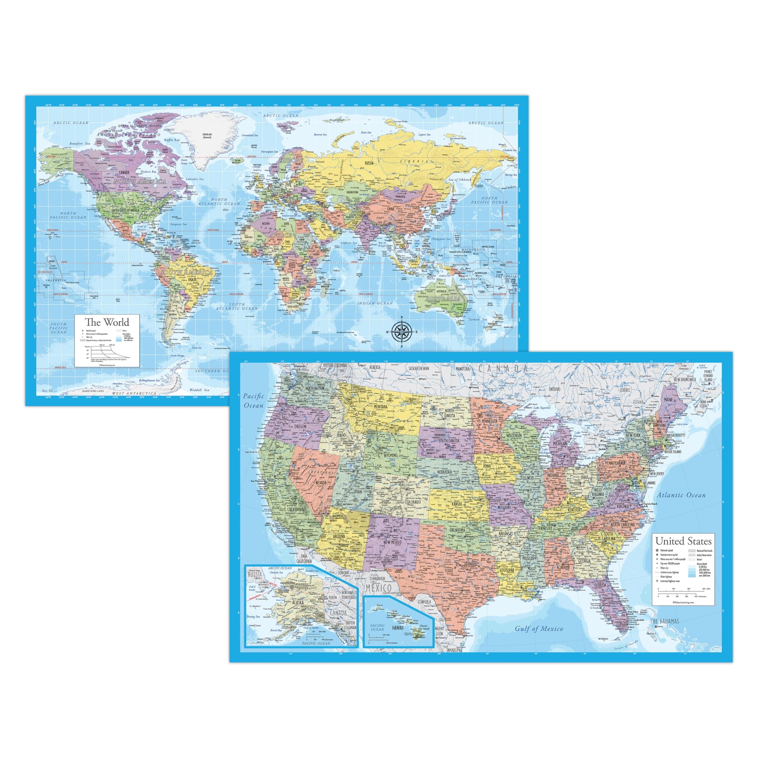 Palace Learning 2 Pack - Laminated World Map & US Map Poster Set - Wall Chart Map of the World & United States - Made in the USA [Light Blue]