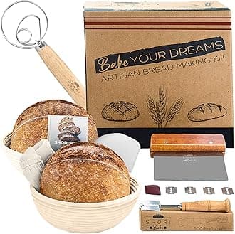Banneton Bread Proofing Basket Set of 2 Round 9 Inch + Sourdough Bread Making Tools Kit, Baking Gifts for Bakers, Brotform Liner, Bread Lame, Dough Scraper, Bowl Scraper, Danish Dough Whisk
