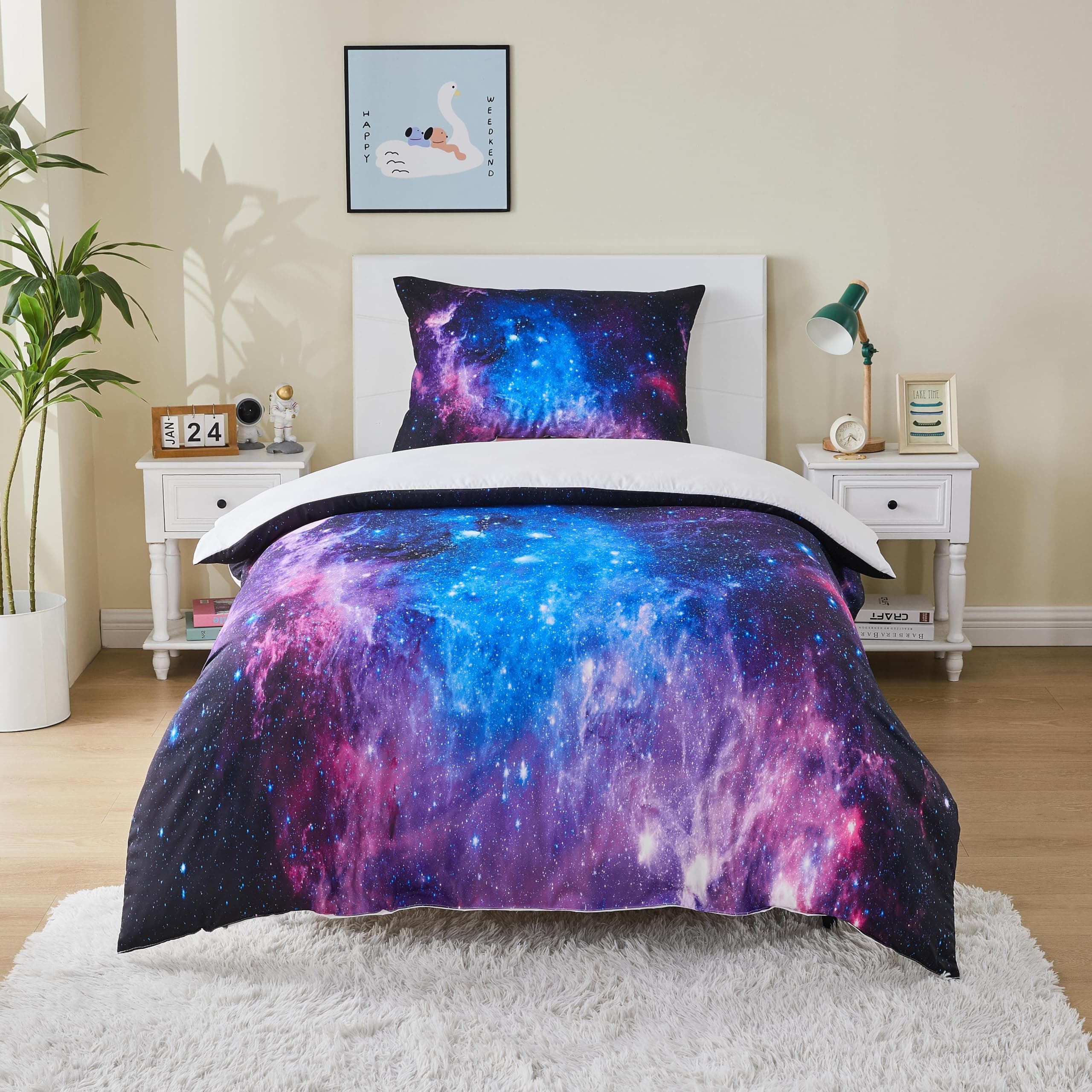 MUSOLEI Starry Sky Single Bedding Set for Kids Boys Girls, Lovely Nebula Microfibre Bed Duvet Cover Set, 3D Galaxy Blue Star Zipper Quilt Cover Sets 135×200cm with Pillowcase 50×75cm