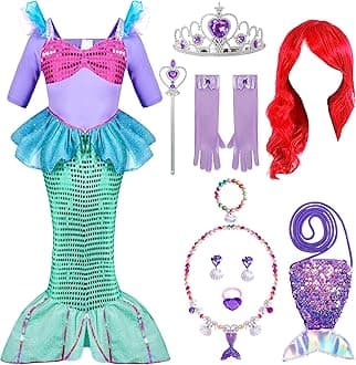Halloween Little Mermaid Costume for Girls, Sequin Mermaid Dress Set, Light Purple Princess Dress for Toddler Dress-Up, Cosplay Party (Medium, 8-10 yrs)