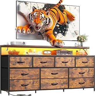 55" W Dresser for Bedroom with 10 Fabric Drawers Long Dresser with LED Lights & Power Outlets Wide Dressers & Chests of Drawers Large Organizer for Bedroom, Metal Frame, Wood Top, Rustic Brown