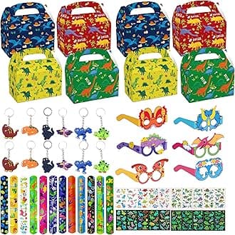 Dinosaur Party Bags Fillers Kids - 58Pcs Dino Birthday Party Favours Set with Slap Bracelets, Cute glasses Keychains Tattoo Decorations for Boys Girls Birthday Parties Supplies