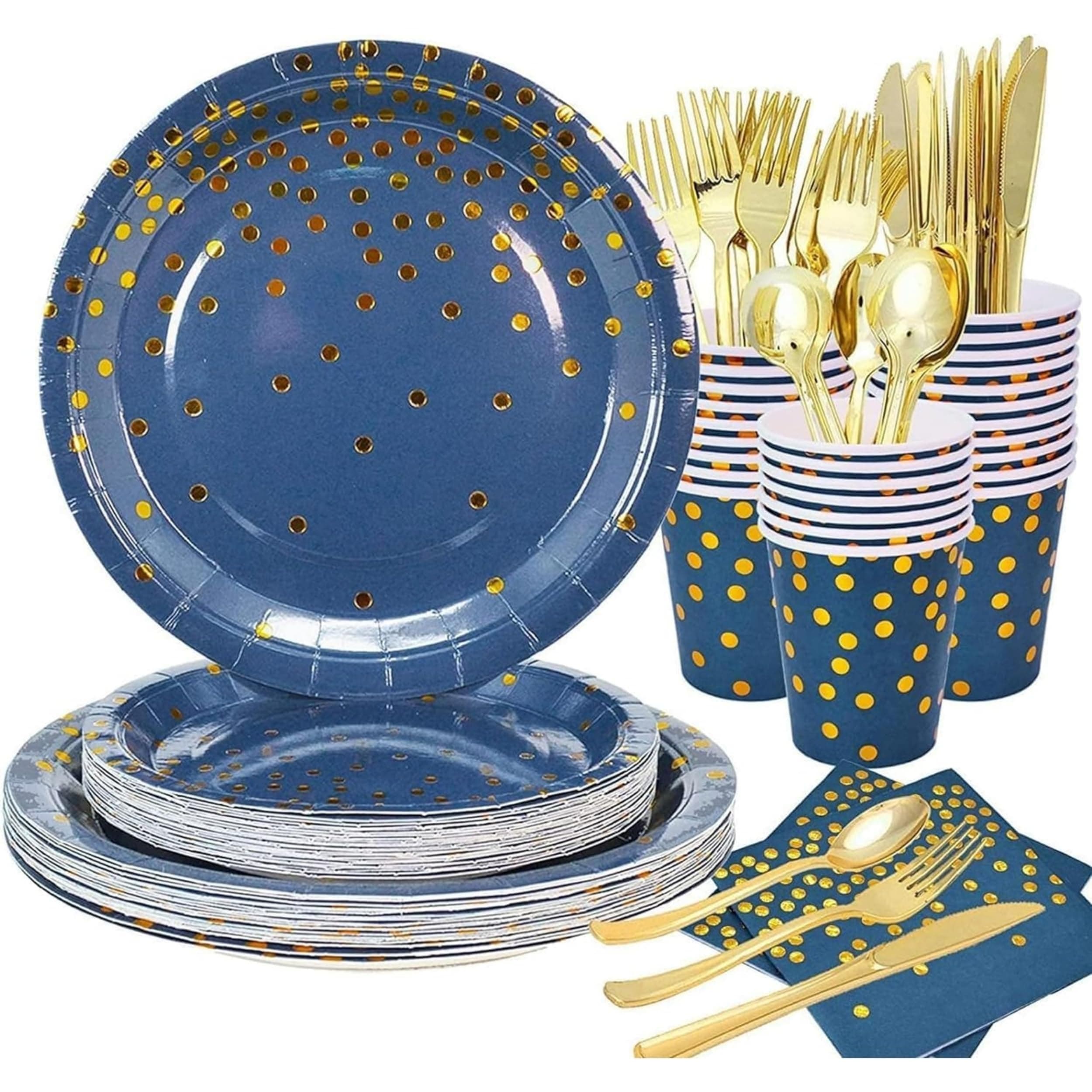 Navy Blue DecorMe Birthday Party Tableware Set, 96 Pcs Disposable Plates Cups Napkins Spoons Knives for 12 Guests - Elegant Design, Sturdy & Eco-Friendly - Perfect for Holiday, Camping & Picnic Events