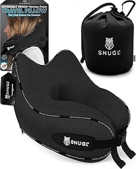 SNUGL Travel Pillow - Memory Foam Travel Neck Pillow for Airplanes - Neck Pillow for Sleeping - Perfect for Car Camp with Carry Bag and Clip - Essential for Airplanes (Adults, Small, Black)