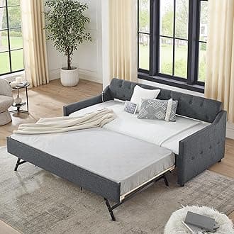 Rophefx Twin to King Size Day Bed, Twin Daybed with Pop Up Trundle & USB & Type C Port, Upholstered Sofa Bed Frame, No Box Spring Needed, with Button Tufting Linen Trim, Wood Slats, Linen, Dark Grey