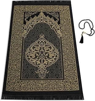 Muslim Prayer Rug with Islam Prayer Beads - Travel Prayer Mat, Islamic Gifts for Women, Portable Prayer Matt Islam, Islamic Prayer Rug Islam Men Women, Praying Mat for Muslim Gifts, Black