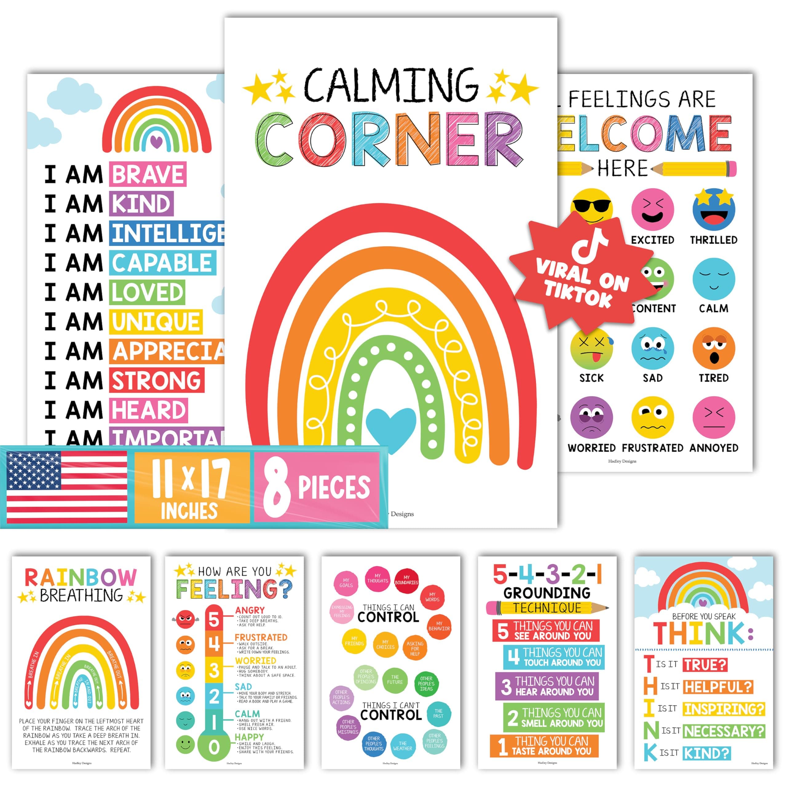 Calming Corner Posters for Classroom Decor -8 Calm Down Corner Supplies Classroom Must Haves, 11x17 Feelings Emotions Chart for Kids, Rainbow Mental Health Posters for School Counselors
