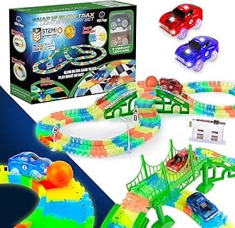 USA Toyz Glow Trax Glow in the Dark Race Tracks for Kids- Speedway Race Car Track Set with 360pk Flexible Roads, 2 Light Up Toy Cars, Bridges, Ramps, Play Set STEM Building Toys for Boys and Girls