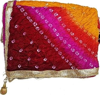 C&G INDIA Women Silk Bandhej Multi Colored Heavy Dupatta Chunni with Geecha Border Stole Scarves Multi