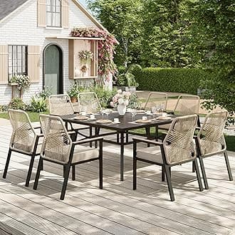 9 Pieces Outdoor Dining Set for 8, Patio Dining Set Wicker Rattan Chairs with Soft Cushion and Square Table with Umbrella Hole, Wicker Patio Table and Chairs for Backyard Porch