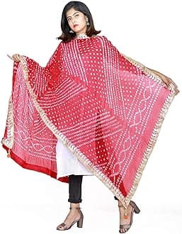 PK HUBWomen's Jaipuri Rajasthani Silk Bandhani Bandhej Multi-Colored Heavy Dupatta With Gota Work And Latkan