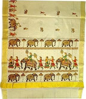 YETTALAN® Women's Mural Printed Kerala Gold Tissue Saree with Running Blouse Piece | Traditional South Indian Ethnic Saree for Festivals, Weddings & Special Occasions