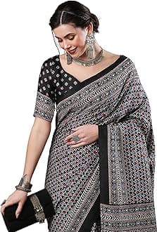 AKHILAM Women's Ajrak Block Print Dola Silk Saree With Unstitched Blouse Piece