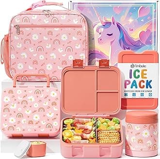 Bento Lunch Box for Kids with Food Jar, 32OZ Snack Lunch Container with 3 Compartments, Insulated Lunch Bag, 12OZ Leakproof Food Jar, Ice Pack Set for Age 3-12 Toddler Teen Girls Boys Daycare