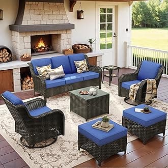 ovios 7 Pieces Patio Furniture Set with Swivel Rocking Chairs, Outdoor Wicker Sofa Couch Glass Coffee Table, All Weather High Back Modern Conversation Set, Brown Rattan, Navy Blue