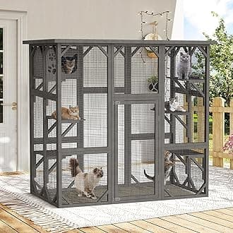 Catio Cat House Cage Enclosure, Outdoor/Indoor Wooden Cat Enclosures with Separate Kennel, 5 Large Platforms and Waterproof Asphalt Roof for Patio, Backyard(Grey)