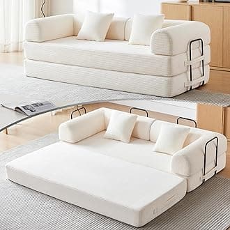 Convertible Folding Mattress Couch, 5-in-1 Futon Sofa with Armrests, Sleeper Mattress Sofa Bed Comfy Fold Out Bed for Living Room, Bedroom, Lounge,Guest, Office (Beige White)