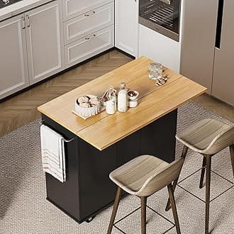 Shintenchi Rolling Kitchen Island Cart with Folding Drop Leaf Breakfast Bar, Portable Trolley Island with Large Storage Cabinet, Shelf and Drawer, Black