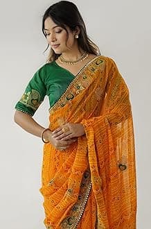 SIRIL Women's Georgette Bandhani Printed and Embroidery Saree with Unstitched Blouse Piece