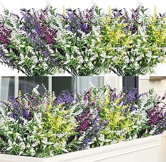 Homcomodar Artificial Lavender Flowers 12 Bundles UV Resistant Outdoor Flower Fake Plastic Outdoor Plants Bush Faux Shrubs Outdoor Garden Yard Hanging Decoration(Mixed Color)