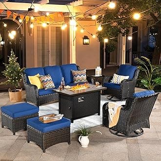 ovios 7 Pieces Patio Furniture Set with 42 inch Fire Pit Table, Outdoor Wicker Sofa Couch Swivel Rocking Glider Chairs, Modern Luxury Conversation Set, Brown Wicker, Navy Blue