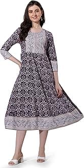 MIRCHI FASHION Women's Cotton Relaxed Fit A Line Sequins Embroidery Work Foil Printed A-Line Kurti Only