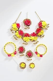 ZENEME White & Gold Pearl Tasselled Gota Patti Floral Beaded Haldi & Mehendi Necklace With Earrings, Maang Tikka & Bracelet Jewellery Set For Girls and Women