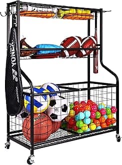 Signature Fitness Garage Sports Equipment Organizer, Garage Ball Storage, Sports Gear Storage, Garage Organizer with Baskets and Hooks, Rolling Sports Ball Storage Cart, Black, Steel, Multiple Styles