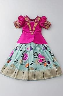 White Button Girls South Indian Pattu Pavadai | Traditional Digital Print Satin Lehenga Choli Set