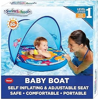 SwimschoolInfant Baby Pool Floats, Free Swimming, Super Buoyant Ages 6-24 Months Multiple Colors/Styles Adjustable Canopies and Seats, Splash & Play Baby Floaties