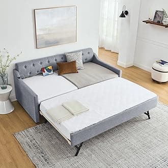 Rophefx Twin to King Size Day Bed, Twin Daybed with Pop Up Trundle & USB & Type C Port, Upholstered Sofa Bed Frame, No Box Spring Needed, with Button Tufting Linen Trim, Wood Slats, Linen, Grey