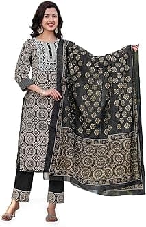 MIRCHI FASHION Women's Designer Straight Fit Cotton Printed and Embellished Kurta Set with Trouser Pant and Dupatta