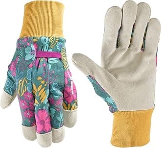 Wells Lamont Women's Botanical Print Leather Palm Work and Gardening Gloves, Large (4182L)