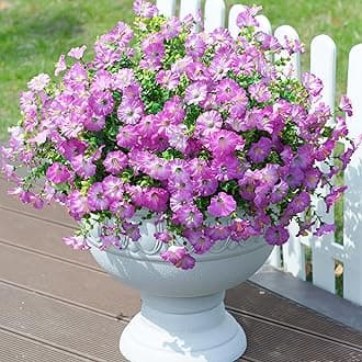 Artificial Flowers Fake Plants for Outdoors Decoration, 12 Bundles Purple Silk Morning Glory with Eucalyptus Realistic UV Resistant Faux Flowers Greenery for Outside Planter Yard Garden Home Indoor