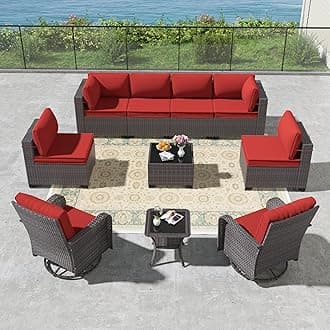 Kullavik 10PCS Outdoor Patio Furniture Set,PE Wicker Rattan Sectional Sofa Patio Conversation Sets with Tempered Glass Table,Swivel Rocking Chairs Set,Red