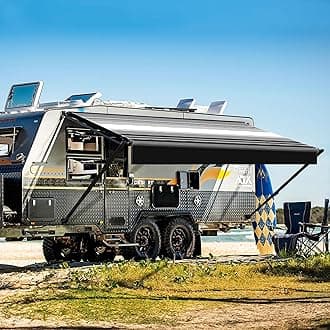 YESCAMP Manual RV Awning Complete Kit Retractable Camper Awning for RV or Trailers RV Roll Out Awning for Camper or 5th Wheel,Travel Trailers,Toy Haulers,Motohome(10Ft,Black Frame,Black Stripe)