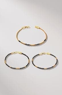 JHB Golden Gold-Plated Brass Bracelet 3 pis Combo for Women (Black Bead Hand Mangalsutra Bracelet)