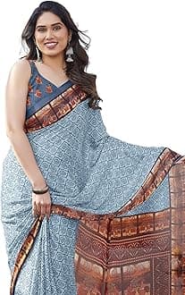 MIRCHI FASHION Women's Chiffon Ajrakh Border Pallu Pririnted Solid Saree with Blouse Piece
