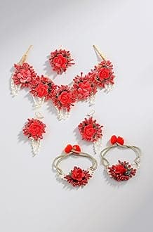 ZENEME Jewellery Flowers Jewellery Set For Haldi Gota Patti Necklace, Earrings, Bracelet & Maang Tika for Women & Girls (Mehandi/Haldi/Wedding/Bridal/Baby Shower)