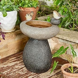 Glitzhome 20.75" H Water Fountain with LED Light and Pump, Zen Style Faux Stone Texture Birdbath Outdoor Fountains with Birds Decor, Floor Fountain for Porch Deck Patio Backyard
